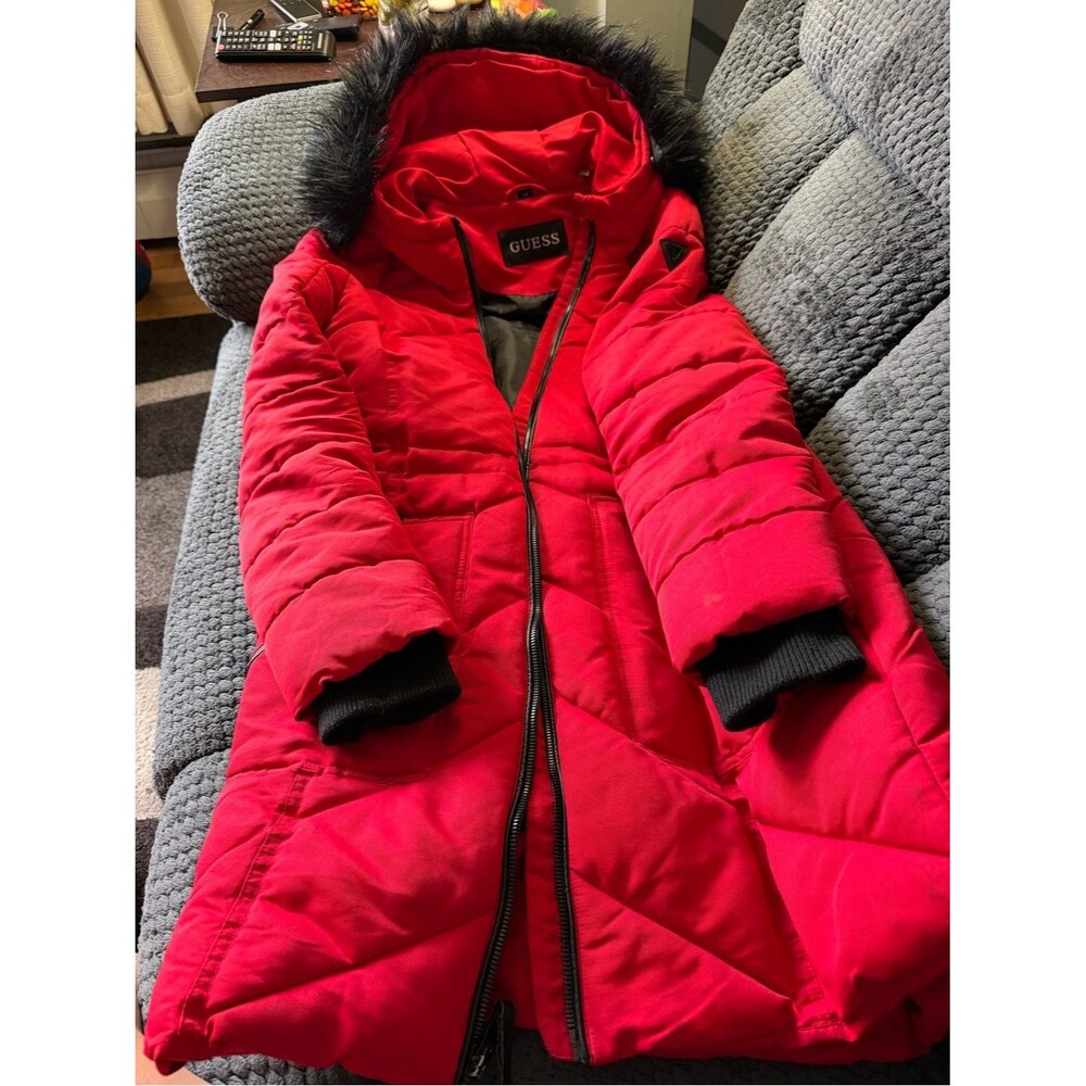 Guess Red Quilted Puffer Jacket with Black Faux Fur Trim